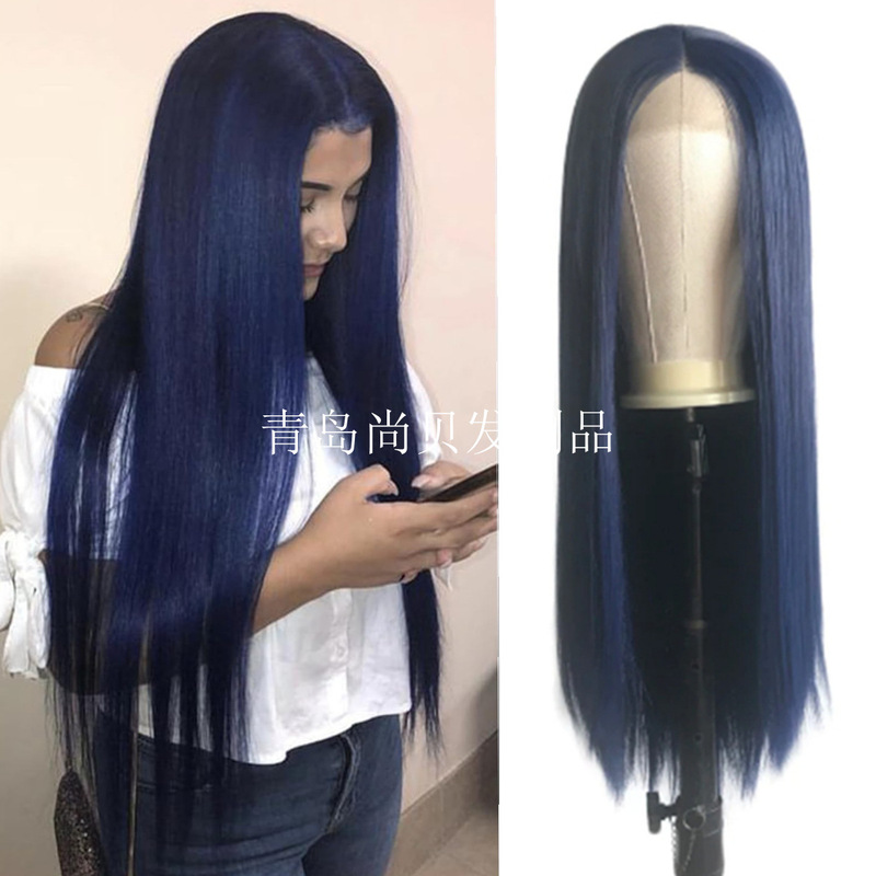Dark Blue Wig Long Straight Hair Chemical Fiber Front Lace 13X4 Natural Hairline Cos Headgear Dropshipping