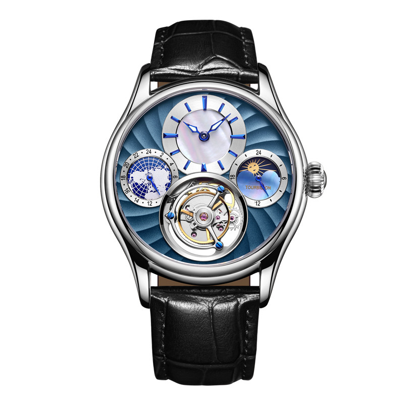 High-End Luxury Men's Watch, Tourbillon Mechanical Watch, Double-Sided Gemstone Glass, Stainless Steel, Waterproof, Multi-Functional Moon Phase Watch