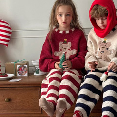 秋冬子供カジュアルゆったりハーフベルベット家庭服セット男女中小童クリスマス熊漫画パジャマ