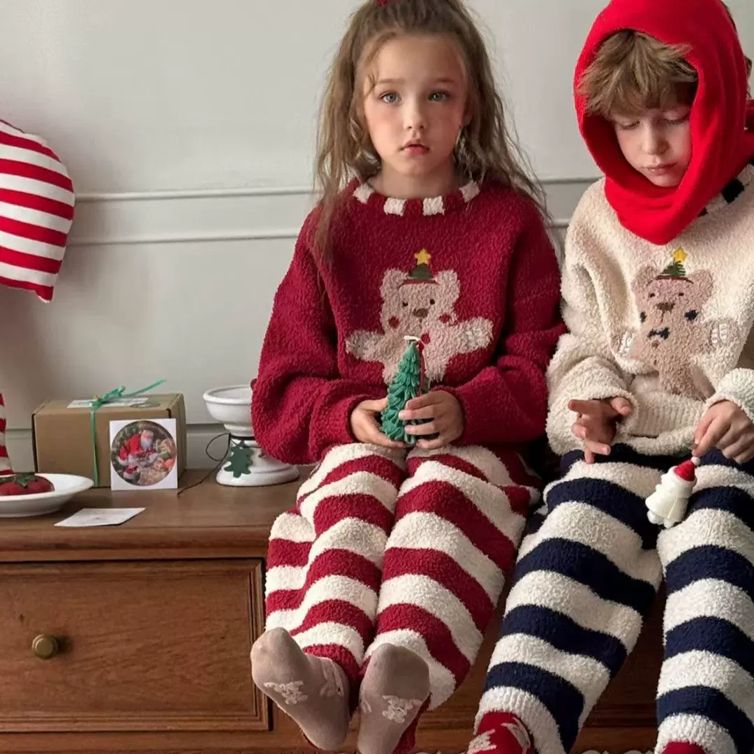 秋冬儿童休闲宽松半边绒家居服套装男女中小童圣诞小熊卡通睡衣