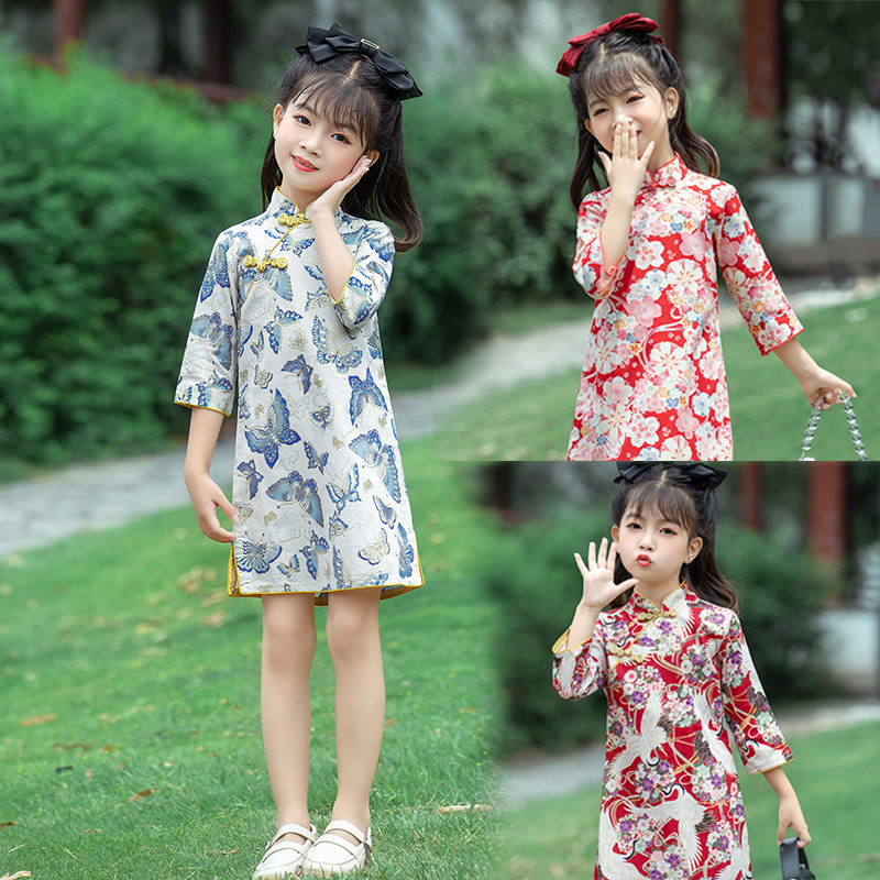 Girls kids chinese dress oriental qipao dresses Mid-sleeve cheongsam dress Children  Fairy Tang suit Hanfu Performing dresses