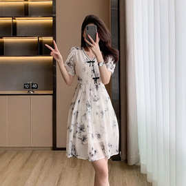 实拍 新中式改良旗袍女年轻夏季日常国风水墨画盘扣连衣裙女