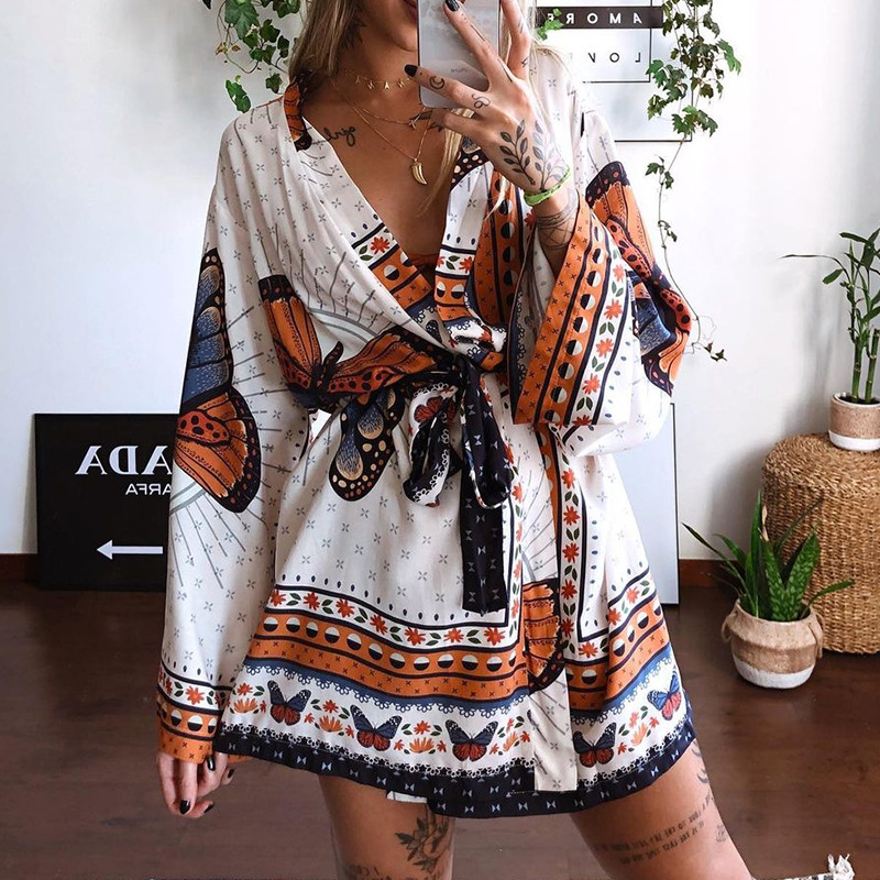 V-neck printing long-sleeved wrap dress NSONF123917