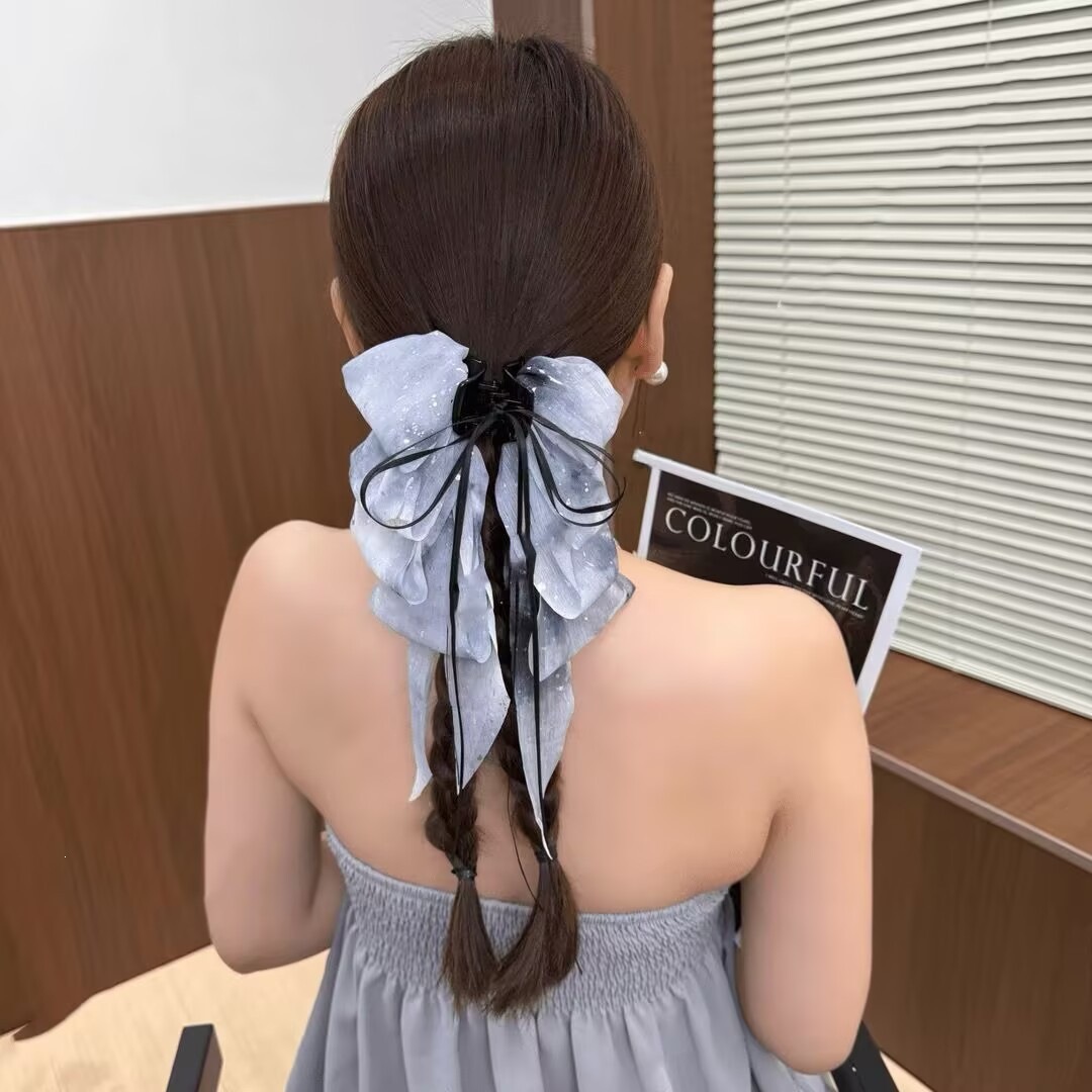 Satín de alta sensación, arco negro grande, clip de tiburón, toque de cabeza, clip de nube, clip de agarre, clip de cabello, tarjeta de cabello de mujer