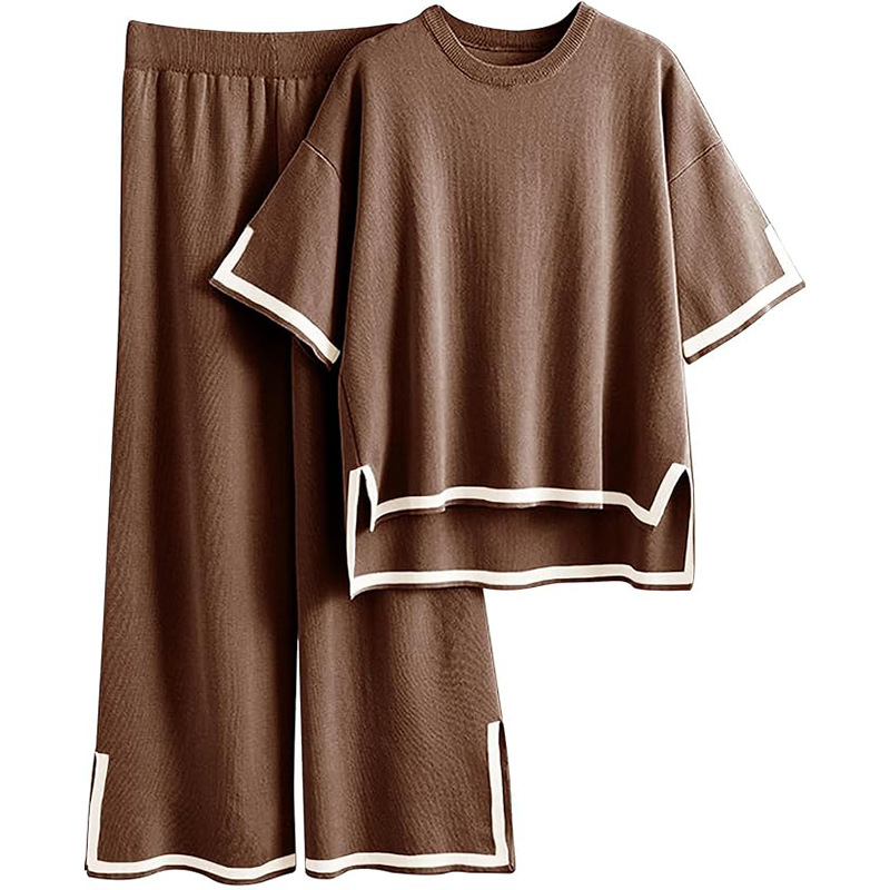 Women's Pant Set Two Piece Color Block Short Sleeve Wide Leg Trouser_voghion.com