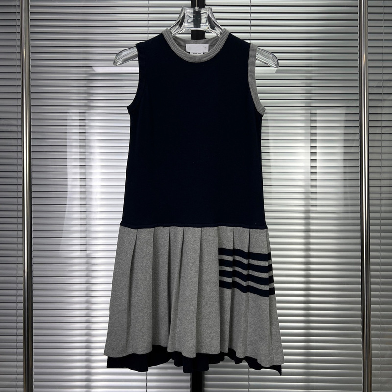 Tb Dress for Women, Preppy Style, Classic Color-Blocking, Four-Stripe Hem, Knitted Cotton, Round Neck, Short Skirt, Sleeveless Tank Dress