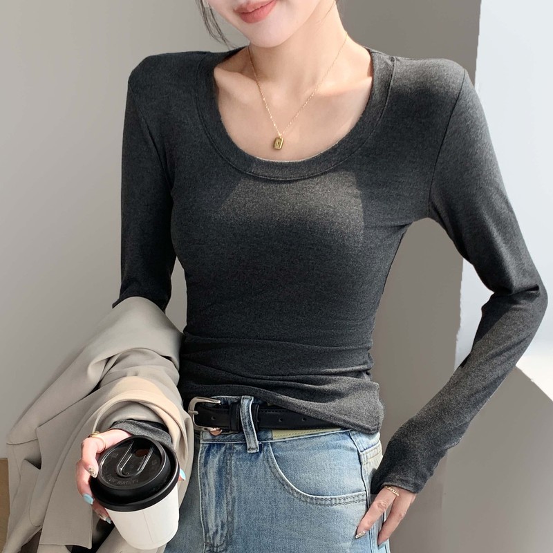 H256圆领打底衫女春秋冬款内搭外穿修身显瘦百搭纯色长袖T恤上衣|undefined