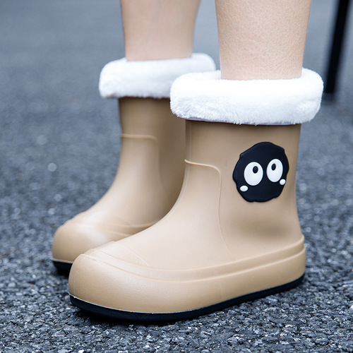 时尚可爱中筒雨鞋女韩版卡通露营雨靴水靴成人冬季加绒保暖防水鞋