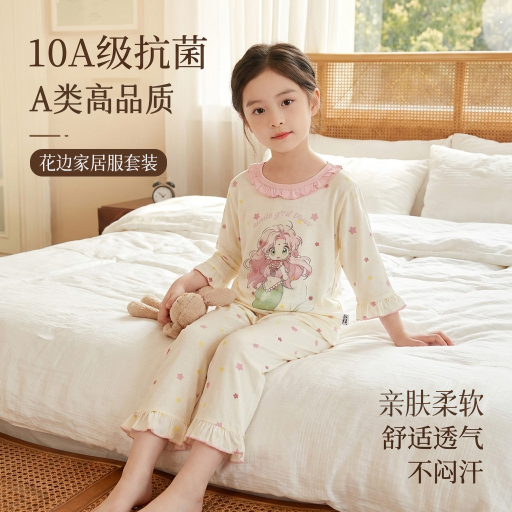 Summer children's pajamas, baby three-quarter sleeve air-conditioned clothing, girls' Tencel lace loungewear, boys' cartoon two-piece set
