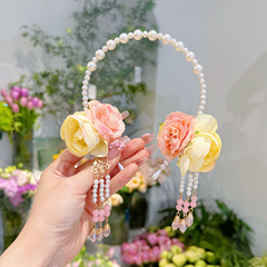 春季新款古風珍珠花朵流蘇兒童頭扣精緻手工萌物古風漢服兒童髮飾