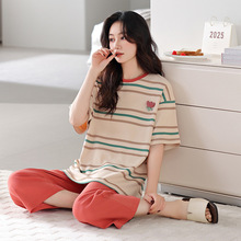 睡衣女夏季纯棉薄款短袖七分裤全棉可爱条纹家居服套装夏天可外穿