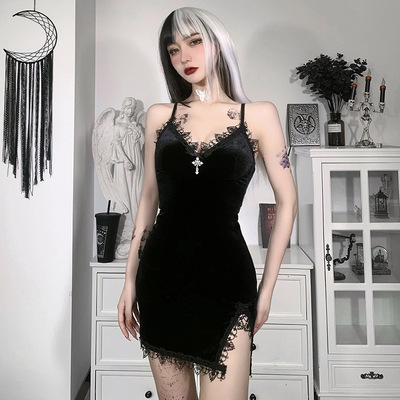 Lolita Lace black wine velvet evening dresses party nightclub singers stage performance  V-neck hip skirt Personalized dress women's fashion clothing