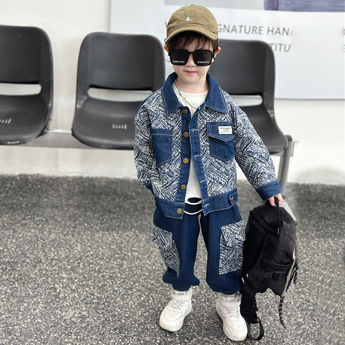Boys' Fall Denim Set 2024 Spring and Autumn New Stylish Boy Cardigan Two-Piece Set for Boys Outerwear