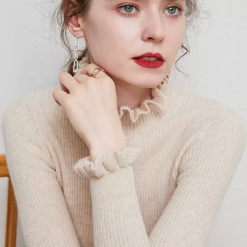 半高领针织打底衫女2023新款秋冬毛衣木耳边洋气春秋针织衫