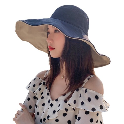 Women's summer solid color, large eaves, double-sided fisherman's hat, all-matching outdoor sunshade hat, foldable travel, sun-protection hat, trendy