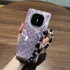 适用华为x6手机壳新款折叠屏水波纹粉底黑小爱心matex5典藏版全包防摔保护壳matex3手提链ins风时尚手机套女