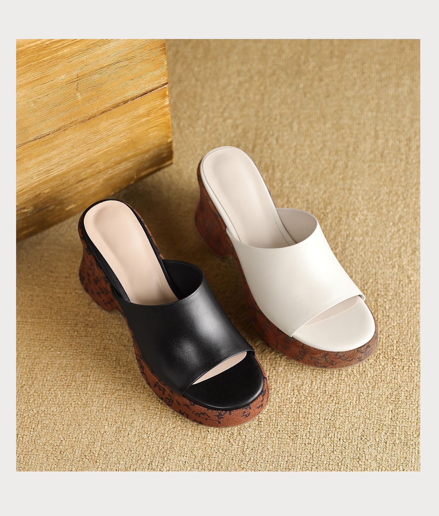 Dép sandal nữ quai chữ V đế xuồng cao phong cách Bohemian, chất liệu da thật, mũi hở, đế dày êm chân — màu đen, màu trắng ngà chi tiết 20