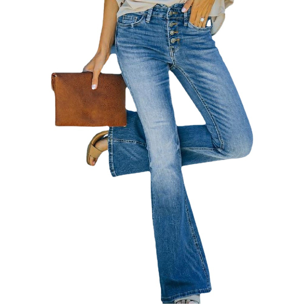 Jeans Acampanados para Mujer de Mezclilla de Algodón, Lavado con Agua, Tiro Medio image 1
