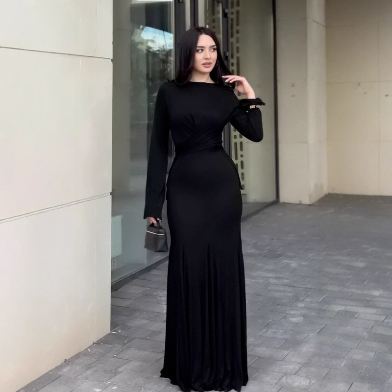 2025秋新款女装欧美风跨境复古风圆领时尚纽扣修身收腰显瘦连衣裙|undefined
