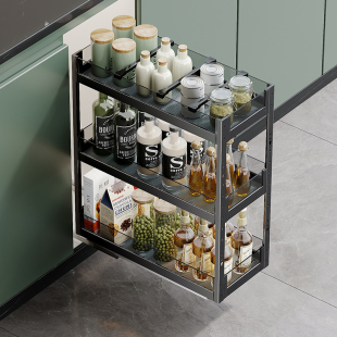 Cabinet Pull Basket Drawer-Type Double-Layer Glass Kitchen Storage Bowl Basket with Built-In Narrow-Sided Seasoning Basket