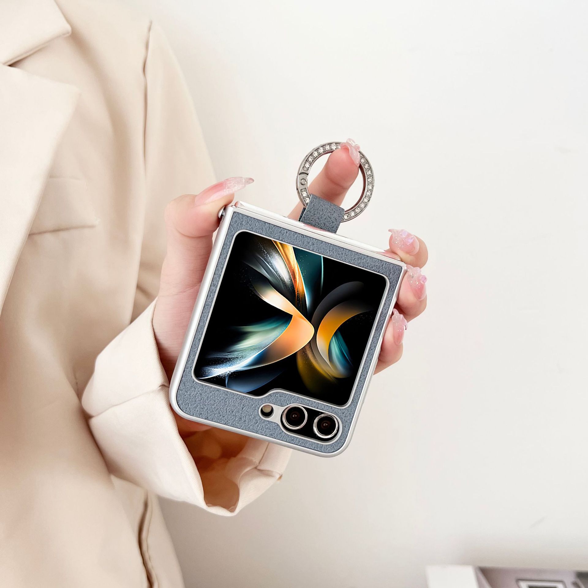 Suitable for Samsung Galaxy Z Flip5 mobile phone shell folding screen glossy soft edge moon pit pattern ring buckle protective cover_voghion.com