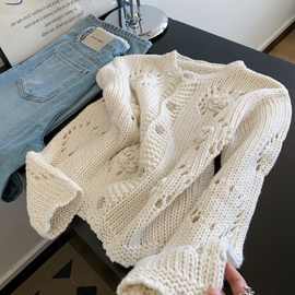 太了吧~韩系风立体花朵编织镂空长袖针织开衫女秋季外搭毛衣