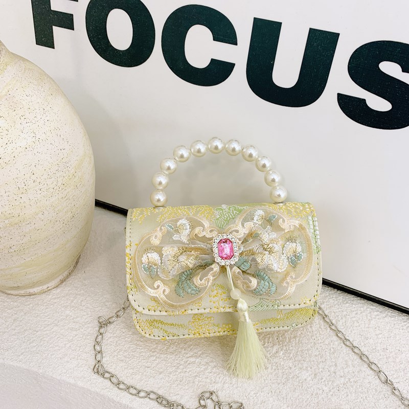 Bolsas de niños nuevas bolsas de mano de perlas de estilo nacional, bolsas de cadena de arco de bordilla princesa, bolsas de hombro de moda nacional de niñas lotes