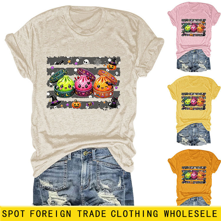 Amazon eBay independent site casual fashion women's bag skull hat pumpkin candy round neck short sleeve T-shirt Amazon eBay independent site casual fashion women's bag skull hat pumpkin candy round neck short sleeve T-shirt