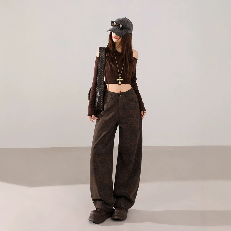 Kailin Coffee Leopard Print Fashion Curved Knife Jeans for Women 2026 Autumn New High-Waisted Slimming Floor-Length Wide-Leg Pants Kailin Coffee Leopard Print Fashion Curved Knife Jeans for Women 2026 Autumn New High-Waisted Slimming Floor-Length Wide-Leg Pants