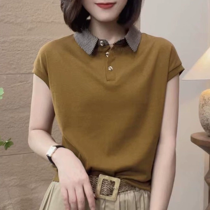 Летняя женская рубашка через границу, новый стильный топ с воротником-поло, однотонная повседневная рубашка с лацканами, закрывающими живот, для женщин