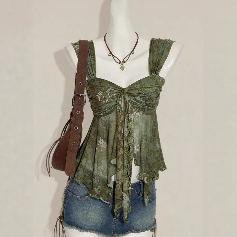 European and American Cross-Border Summer Women's Fashion Retro Forest-Style Backless Ruched Wave Hem Small Flutter Sleeve Tank Top European and American Cross-Border Summer Women's Fashion Retro Forest-Style Backless Ruched Wave Hem Small Flutter Sleeve Tank Top