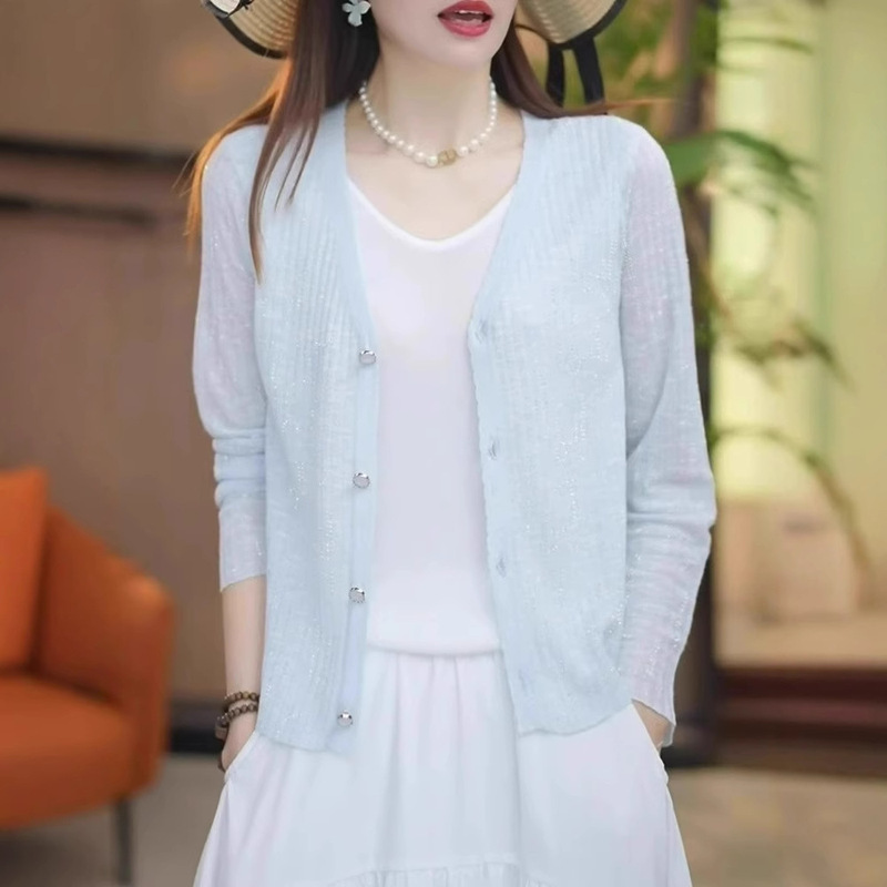 Blue V Neck Knitted Cardigan Thin Sun Protection Clothing for Women 2025 Summer New Air-Conditioned Shirt Casual Versatile Top