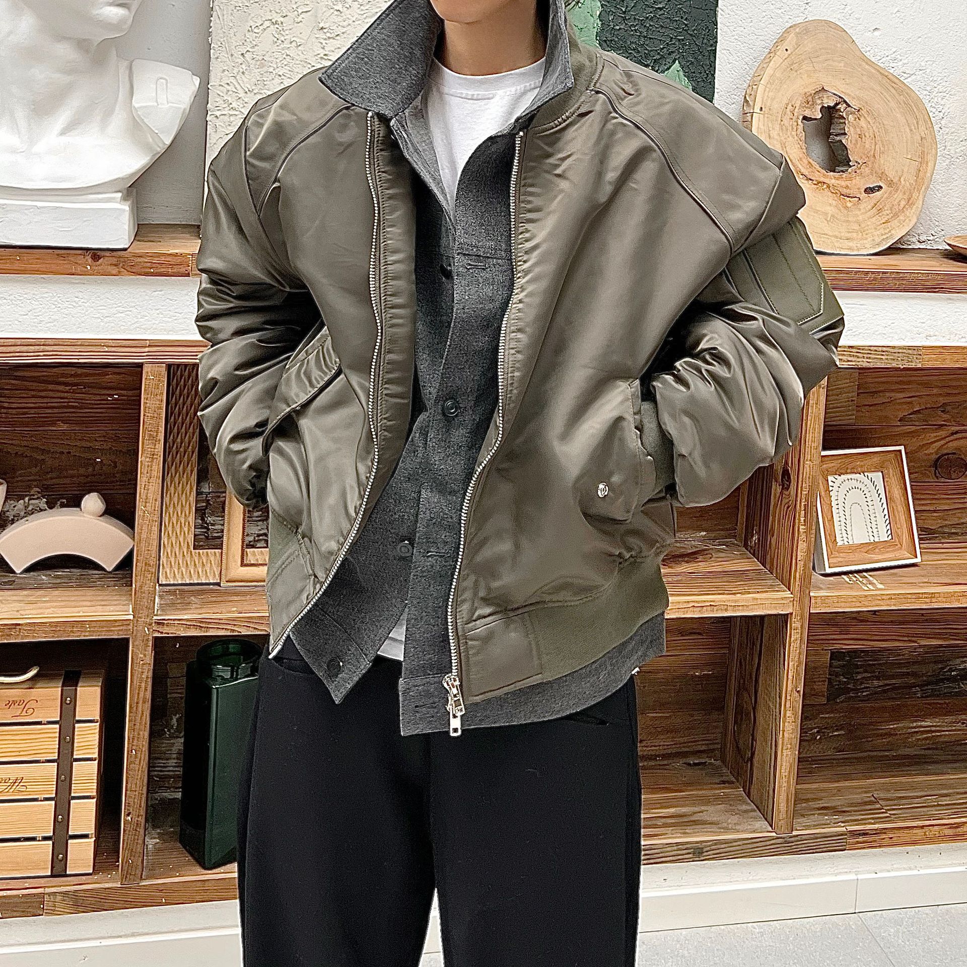 Invierno americano retro falso de dos piezas de béisbol uniforme de algodón acolchado abrigo hombres ins costura contraste color engrosado piloto de algodón acolchado abrigo de moda