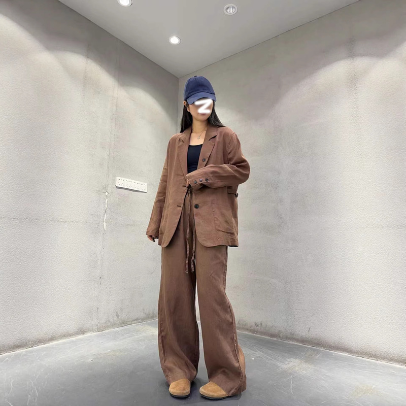 Korean Style Loose Retro Fashion Casual Suit for Women, New Linen Elegant Blazer + Elastic Waist Straight-Leg Pants