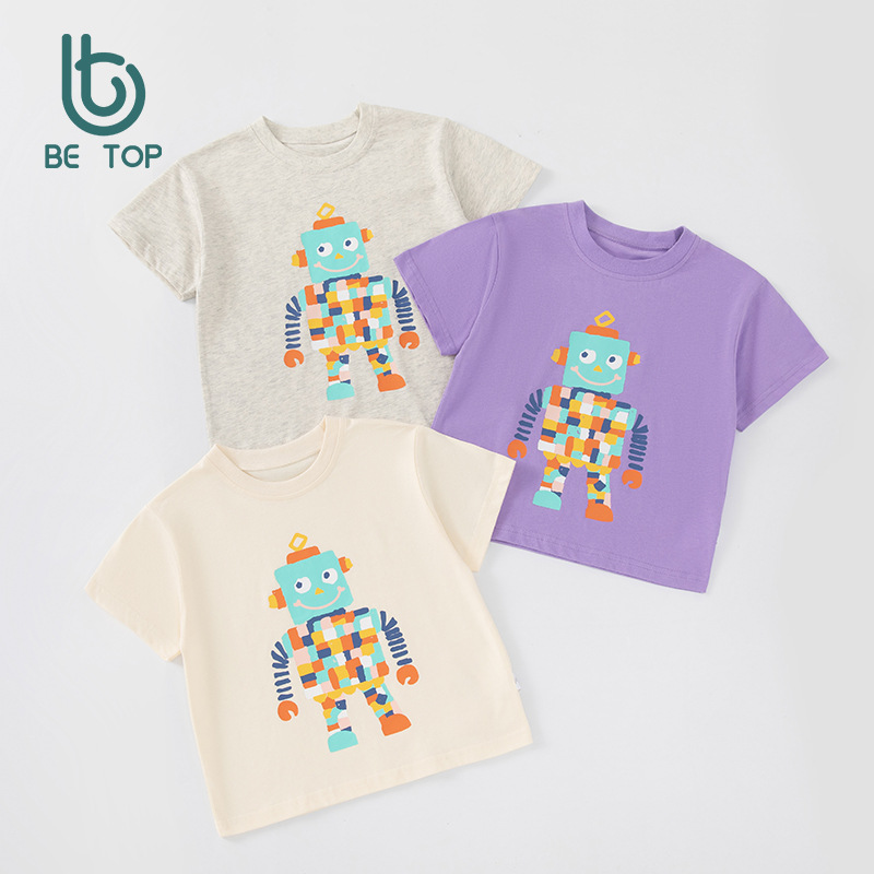 Ropa para niños de verano nuevo robot para niños ropa para bebés fuente de Douyin suéter suelto de cuello redondo cabello de una pieza