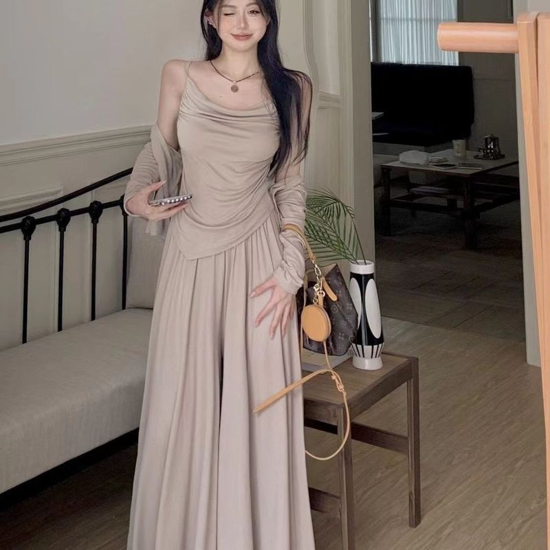 欧美跨境亚马逊开衫慵懒风显瘦遮肉开衫吊带+休闲半身裙三件套装|undefined