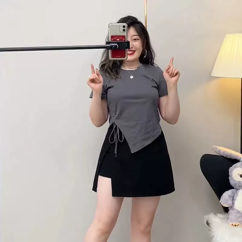 Женский костюм больших размеров, лето 2022, новый стиль, асимметричный топ на шнурке, футболка с короткими рукавами, женская модная юбка толщиной мм