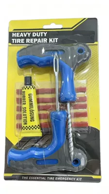 Car tire repair tool kit, including tire sealant and adhesive, for quick tire repair, suitable for motorcycles and vacuum tires, for general repair and emergency use (Kempinq və səyahət) - blue-handle-4-piece-set-card-packaging