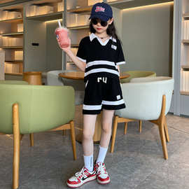 女童夏装polo衫套装2023新款中大童拼色短袖T恤洋气短裤两件套潮