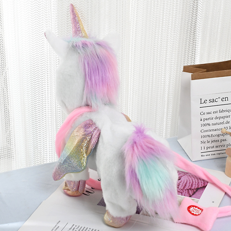 Juguetes eléctricos de peluche unicornio cantando cabeza y cola de simulación de cuerda de tracción unicornio mascota muñeca juguetes para niños