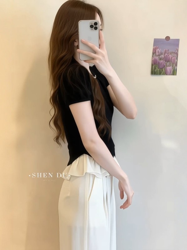 Áo sơ mi nữ cổ V tay ngắn phong cách Pháp, thiết kế che khuyết điểm tôn dáng — màu đen