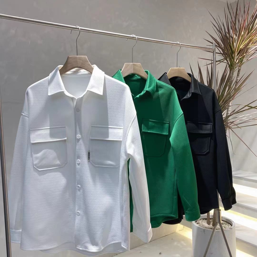 Otoño nueva solapa camisa abrigo hombres marca de moda suelta forro de punto ropa de los hombres chaqueta casual