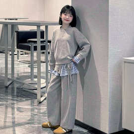 女童新款设计感衬衫拼接格子假两件卫衣套装女童新设计休闲套装