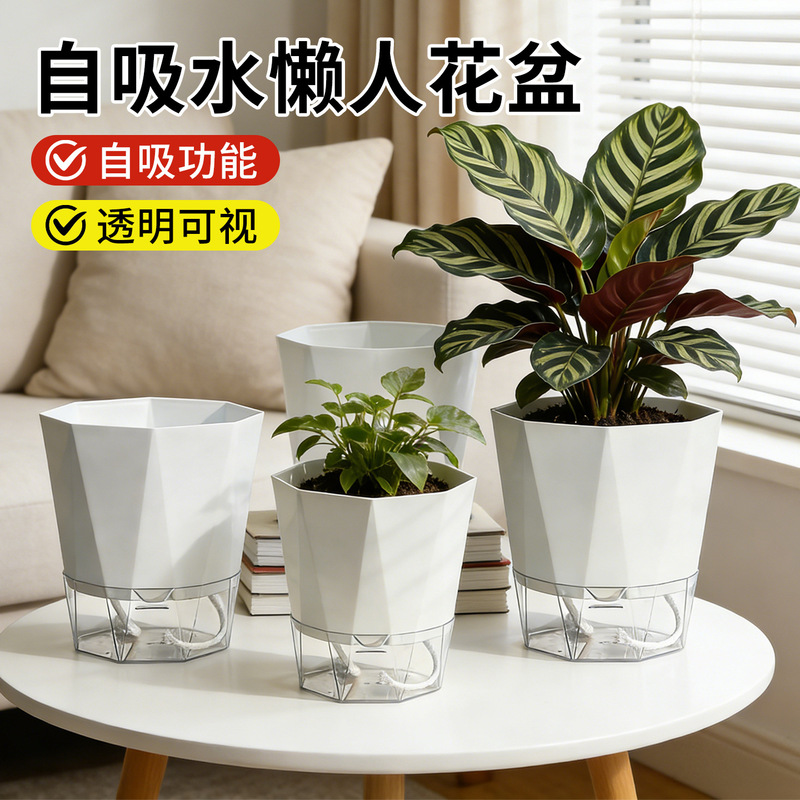 White Self-Watering Flower Pot with Visible Transparent Water Level, Lazy Diamond Pot for Desktop Small Plants, Special Pot for Green Plants