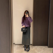 醋酸羊毛毛呢裙冬季新款 高腰加绒加厚后开叉气质包臀半裙G101609