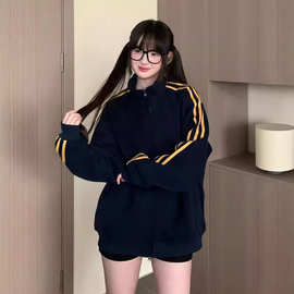 美式复古条纹卫衣外套女早秋新款宽松撞色立领拉链长袖棒球服ins