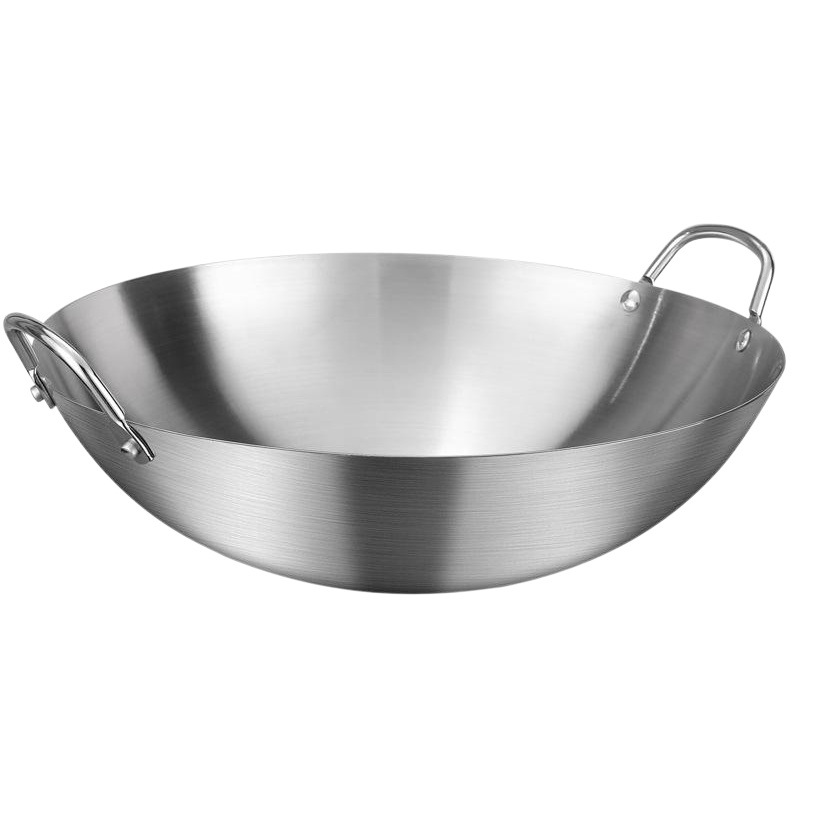 Wok de acero inoxidable de doble oreja de fondo redondo wok mango de madera sola manija wok gran trípode salteado para Dingshang rural Big Pot