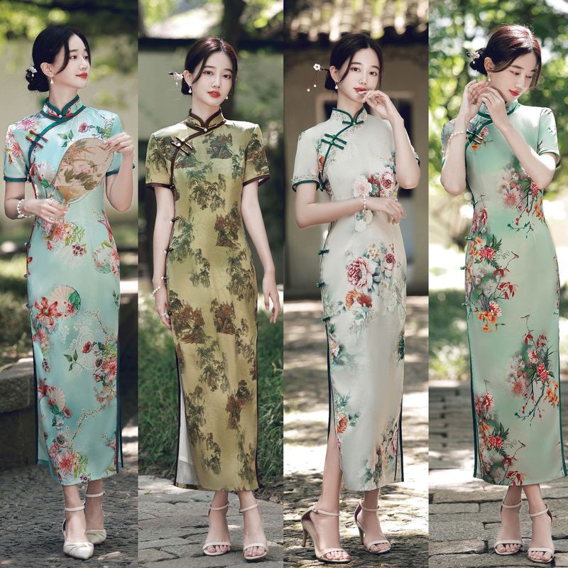Retro Chinese dresses for women oriental China traditional Qipao cheongsam dresses Long slim cheongsam with high slit wedding party model show dresses