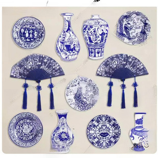Blue and White Porcelain Folding Fan Chinese Style Handmade Hanging Decoration Aerial Pendant Kindergarten Classroom Corridor Environment