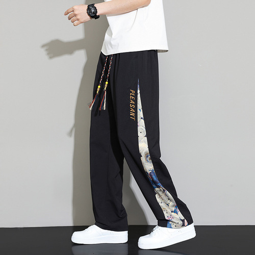 Origin Country Trend Cartoon Streetwear New Chinese Style National Style Ice Silk Pants for Men Summer Thin Casual Long Pants